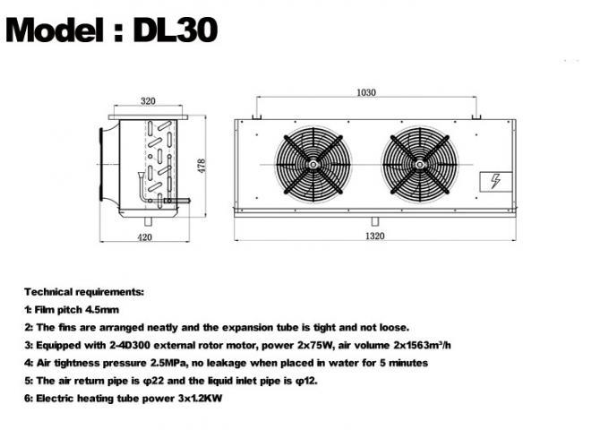 Série DL, unidade de refrigeração DL22, certificação CE, resfriador de ar personalizado, evaporador de câmara fria de 3HP, evaporador de teto, adequado para refrigeração de armazéns, câmaras frigoríficas, câmaras frigoríficas de vegetais 2